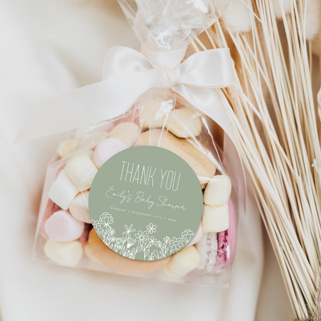Sage Green Wildflower Baby Shower Thank You Favour Classic Round Sticker (Creator Uploaded)