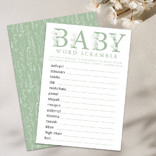 Sage Green Wildflower Baby Word Scramble Game Card
