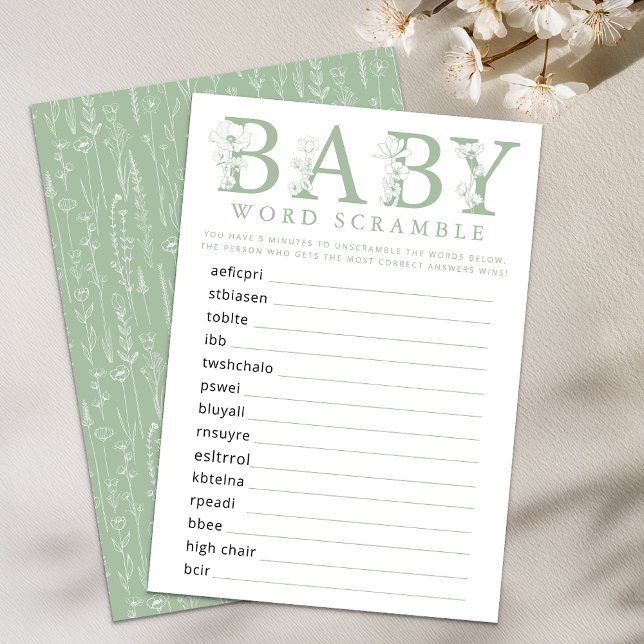 Sage Green Wildflower Baby Word Scramble Game Card (Sage Green Baby Shower Game)