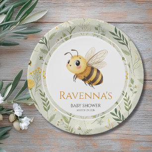Sage Green Wildflower Bee Custom Name Baby Shower Paper Plate