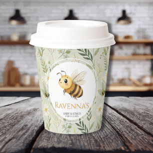 Sage Green Wildflower Bee Personalized Baby Shower Paper Cups