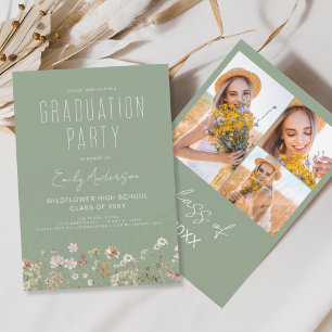 Sage Green Wildflower Bloom Graduation Party Photo Invitation