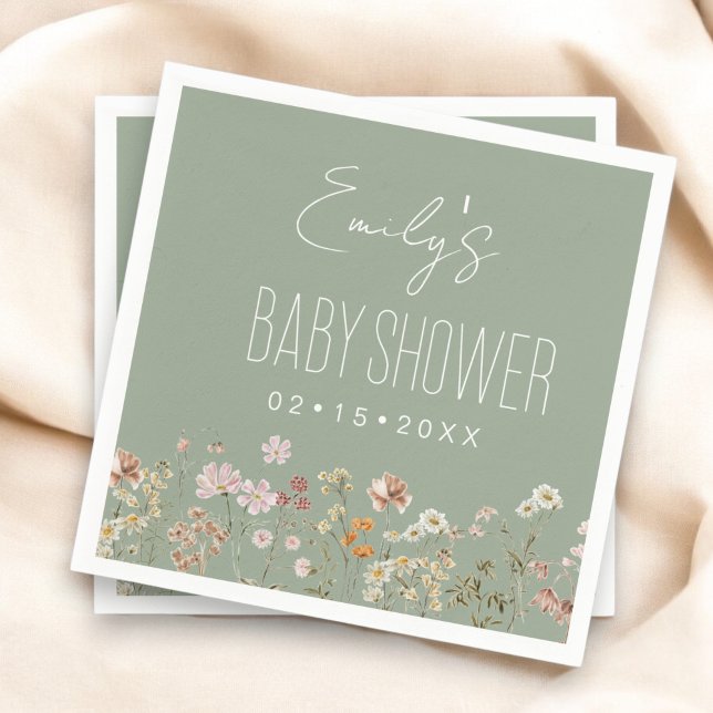 Sage Green Wildflower Boho Baby Shower In Bloom Napkin (Creator Uploaded)