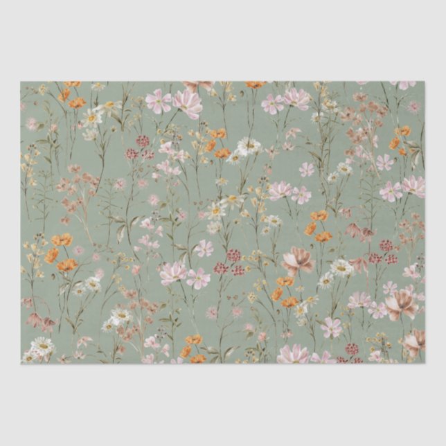 Sage Green Wildflower Boho Bloom Garden Boho Tissue Paper (Front)