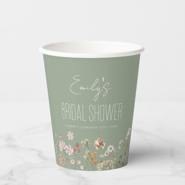 Sage Green Wildflower Boho Bridal Shower In Bloom Paper Cups (Front)