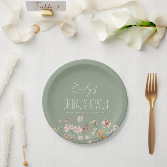 Sage Green Wildflower Boho Bridal Shower In Bloom Paper Plate (Wedding)
