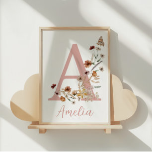 Sage Green Wildflower Boho Nursery Name Monogram Poster