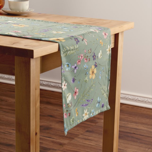 Sage Green Wildflower Boho Wedding Garden Short Table Runner (In Situ)