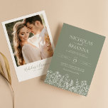 Sage Green Wildflower Boho Wedding Modern Photo Invitation<br><div class="desc">Sage Green Wildflower Boho Wedding Modern Photo Invitation. Easily personalize by replacing each info. Please upload a vertical/portrait photo. Make sure to check the preview before adding to cart. (Sample Photo by Jonathan Borba from Pexels)</div>