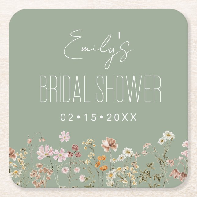 Sage Green Wildflower Bridal Shower Garden Square Paper Coaster (Front)