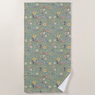 Sage Green Wildflower & Butterfly  Beach Towel