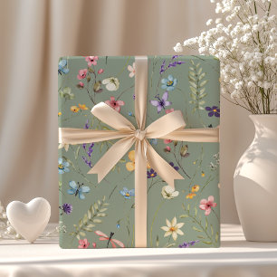 Sage Green Wildflower & Butterfly Boho Summer  Wrapping Paper