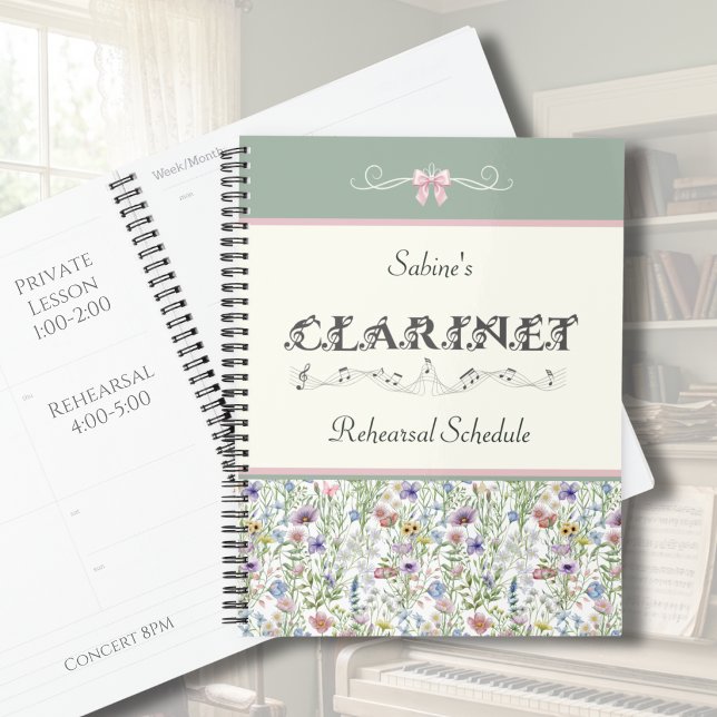 Sage Green Wildflower Clarinet Rehearsal Planner (Personalized Sage Green Clarinet Rehearsal Planner | Whimsical Pink Floral Wildflower Music Gift)