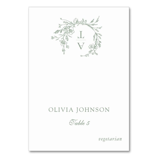 Sage Green Wildflower Crest Table Place Card (Front)