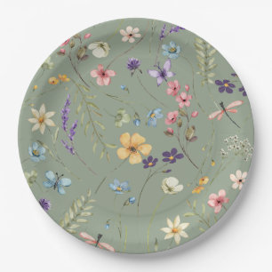  Sage Green Wildflower Elegant Bridal Shower Paper Plate