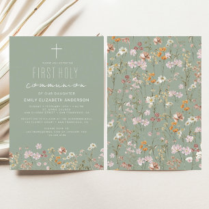 Sage Green Wildflower First Holy Communion Invitation
