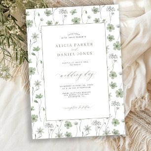 Sage green wildflower floral garden wedding invitation