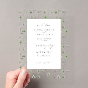 Sage green wildflower garden floral wedding acrylic invitations