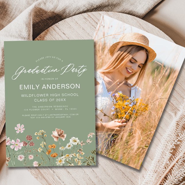 Sage Green Wildflower Graduation Party Photo Invitation (Creator Uploaded)