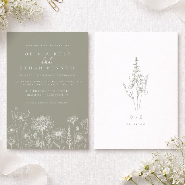 Sage Green Wildflower Line Art Wedding  Invitation (Sage Green Wedding Invite Front & Back)