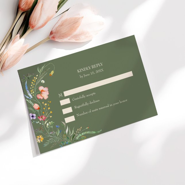 Sage Green Wildflower Meadow Wedding RSVP Card (Sage Green Wildflower Meadow Wedding RSVP Card on a sunny table with pal pink flowers.)