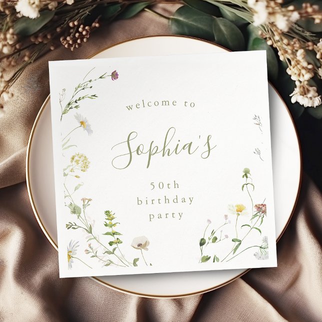 Sage Green Wildflower Rustic Boho Any Age Birthday Napkin (Sage Green Wildflower Rustic Boho Any Age Birthday Napkins)