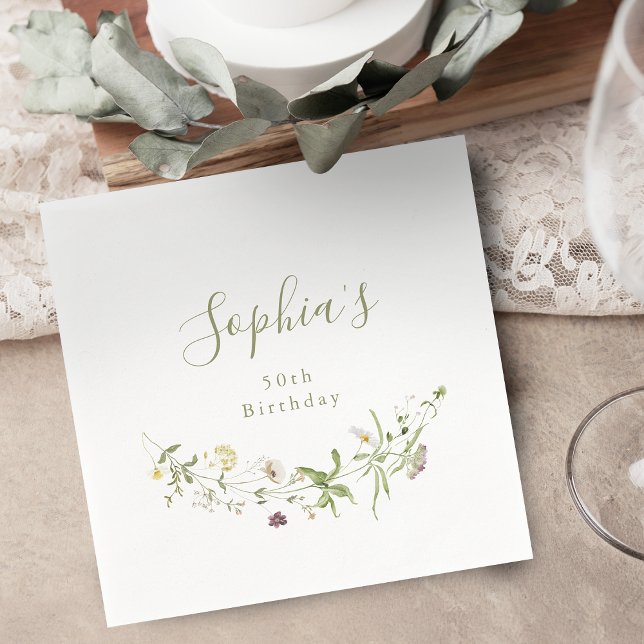 Sage Green Wildflower Rustic Boho Any Age Birthday Napkin (Sage Green Wildflower Rustic Boho Any Age Birthday Napkins)