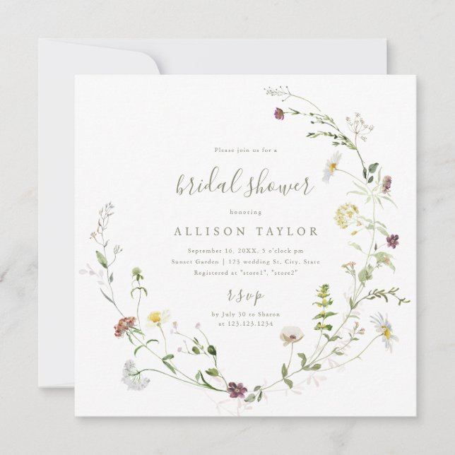 Sage Green Wildflower Rustic Boho Bridal Shower  Invitation (Front)