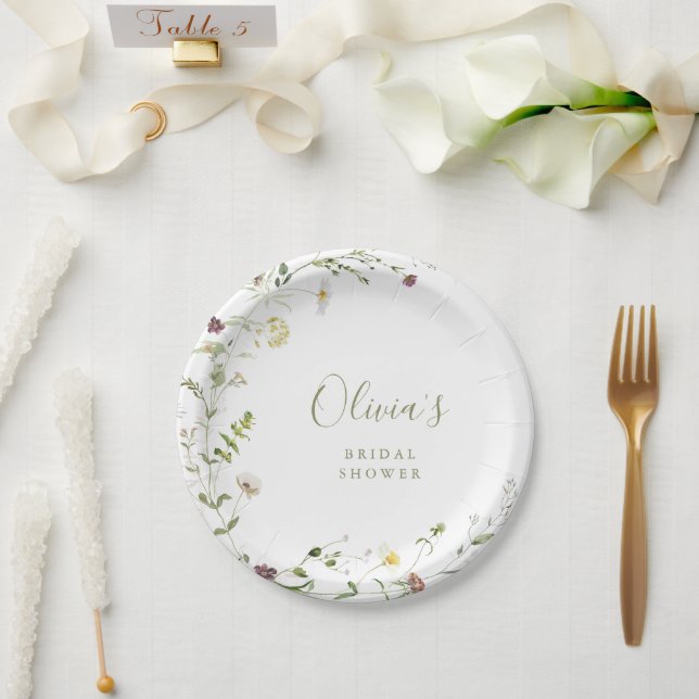 Sage Green Wildflower Rustic Boho Bridal Shower  Paper Plate (Wedding)