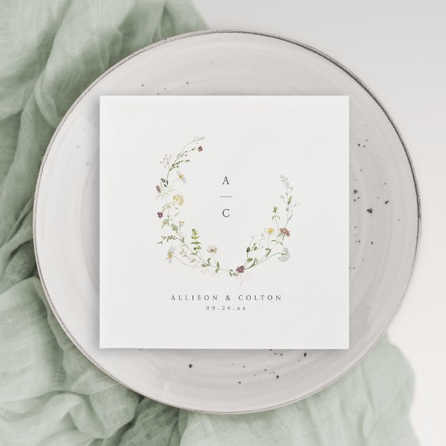 Sage Green Wildflower Rustic Boho Wedding Monogram Napkin (Elegant Wildflower Rustic Boho Wedding Monogram Napkins)
