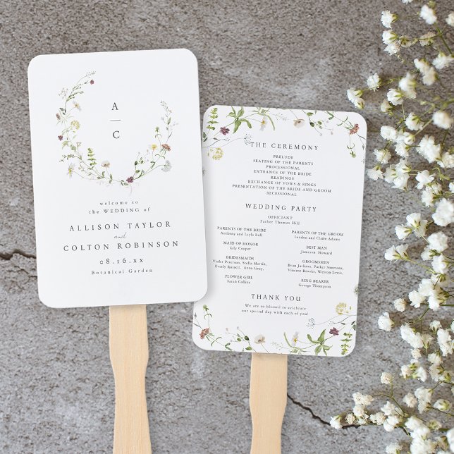 Sage Green Wildflower Rustic Boho Wedding Program Hand Fan (Elegant Wildflower Rustic Boho Wedding Program Hand Fan)