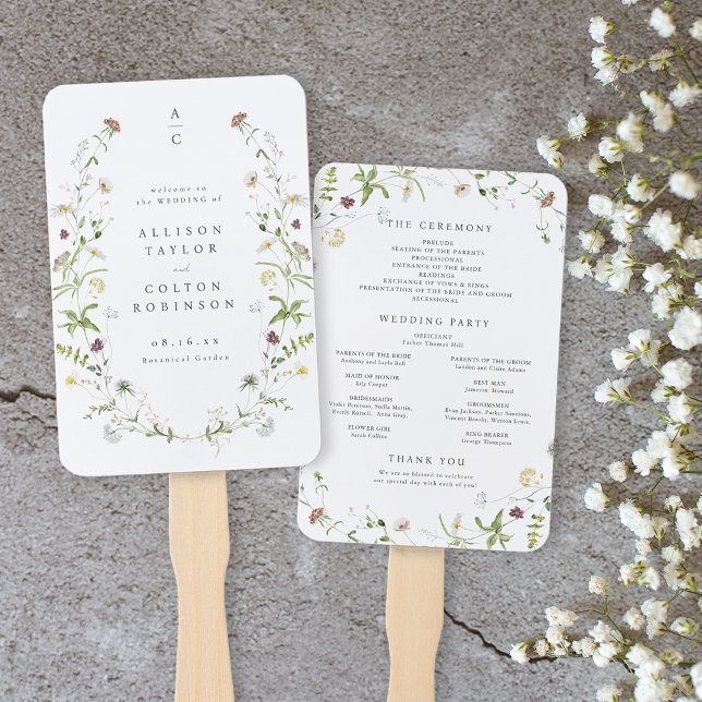 Sage Green Wildflower Rustic Boho Wedding Program Hand Fan (Elegant Wildflower Rustic Boho Wedding Program Hand Fan)