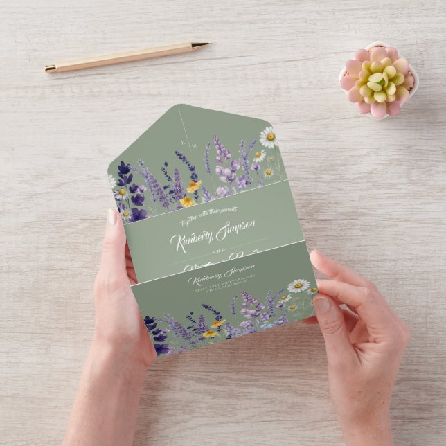 Sage Green Wildflower Rustic Wedding  All  In One Invitation (Video)