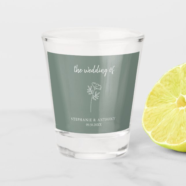 Sage Green Wildflower Wedding  Shot Glass (Front)