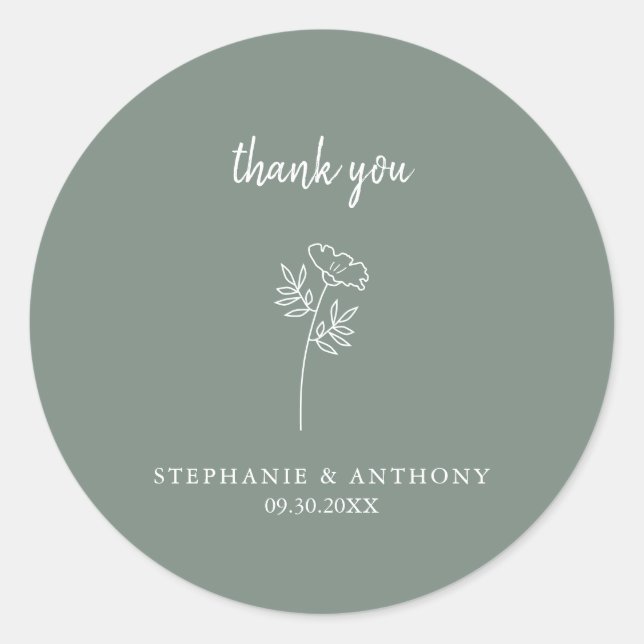 Sage Green Wildflower Wedding Thank You Classic Round Sticker (Front)