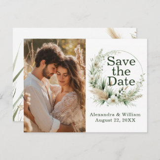Sage Green Wildflowers and Pampas Save The Date Invitation Postcard