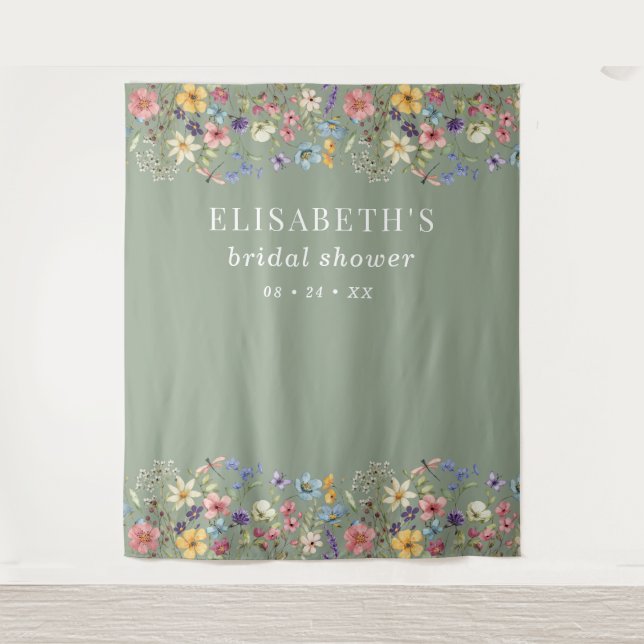 Sage Green Wildflowers Bridal Shower Backdrop Tapestry (Front)