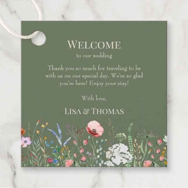 Sage Green Wildflowers Meadow Welcome Gift Tag (Front)