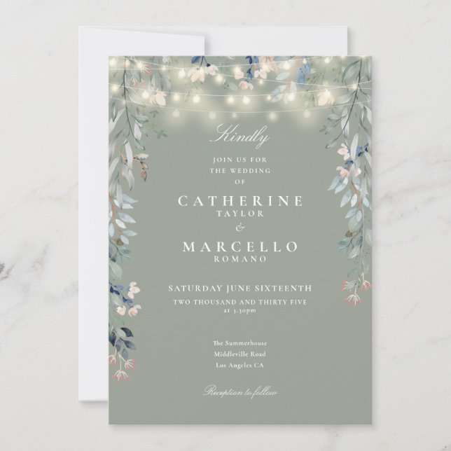Sage Green Wildflowers String Lights Wedding Invitation (Front)