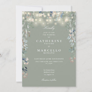Sage Green Wildflowers String Lights Wedding Invitation