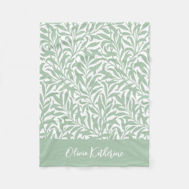 Sage Green Willow Bough Monogrammed Fleece Blanket (Front)
