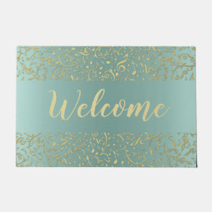 Sage Green With Gold Music Notes Welcome Mat