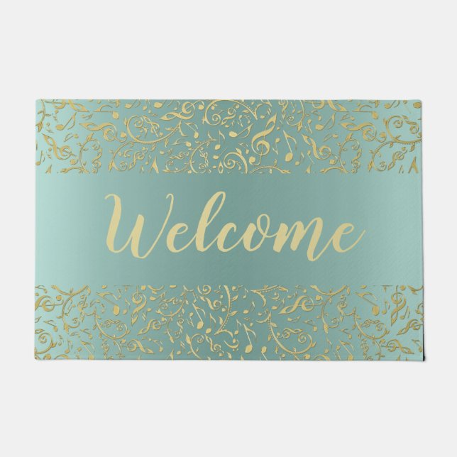 Sage Green With Gold Music Notes Welcome Mat (Front)