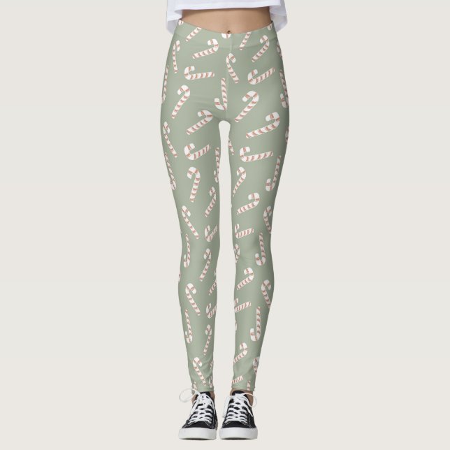 Sage Green with Red and White Candy Canes Leggings (Front)