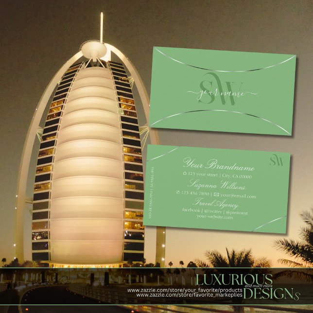 Sage Green with Silver Decor and Monogram Stylish Business Card (Creator Uploaded)