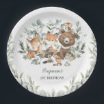 Sage Green Woodland Animals Eucalyptus Birthday Paper Plate<br><div class="desc">This elegant design features soft sage green watercolor greenery,  adorable forest animals and modern lettering. Suitable for both boy and girl baby shower / birthday.</div>
