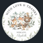 Sage Green Woodland Animals Eucalyptus Thank You Classic Round Sticker<br><div class="desc">This elegant design features soft sage green watercolor greenery,  adorable forest animals and modern lettering. Suitable for both boy and girl baby shower / birthday.</div>