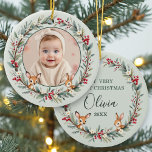 Sage Green Woodland Baby First Christmas Photo Ceramic Ornament<br><div class="desc">Celebrate your little one’s first Christmas with this adorable sage green woodland-themed ceramic ornament. Featuring a spot for your baby’s photo surrounded by charming forest animals and soft greenery, this keepsake adds a warm, rustic touch to your holiday décor. The timeless sage colour palette makes it perfect for boys or...</div>