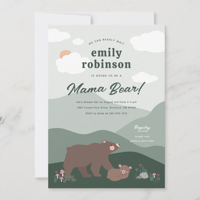 Sage Green Woodland Mountian Mama Bear Baby Shower Invitation (Front)