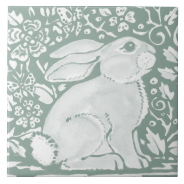 Sage Green Woodland Rabbit Forest Animal Cute Tile (Front)